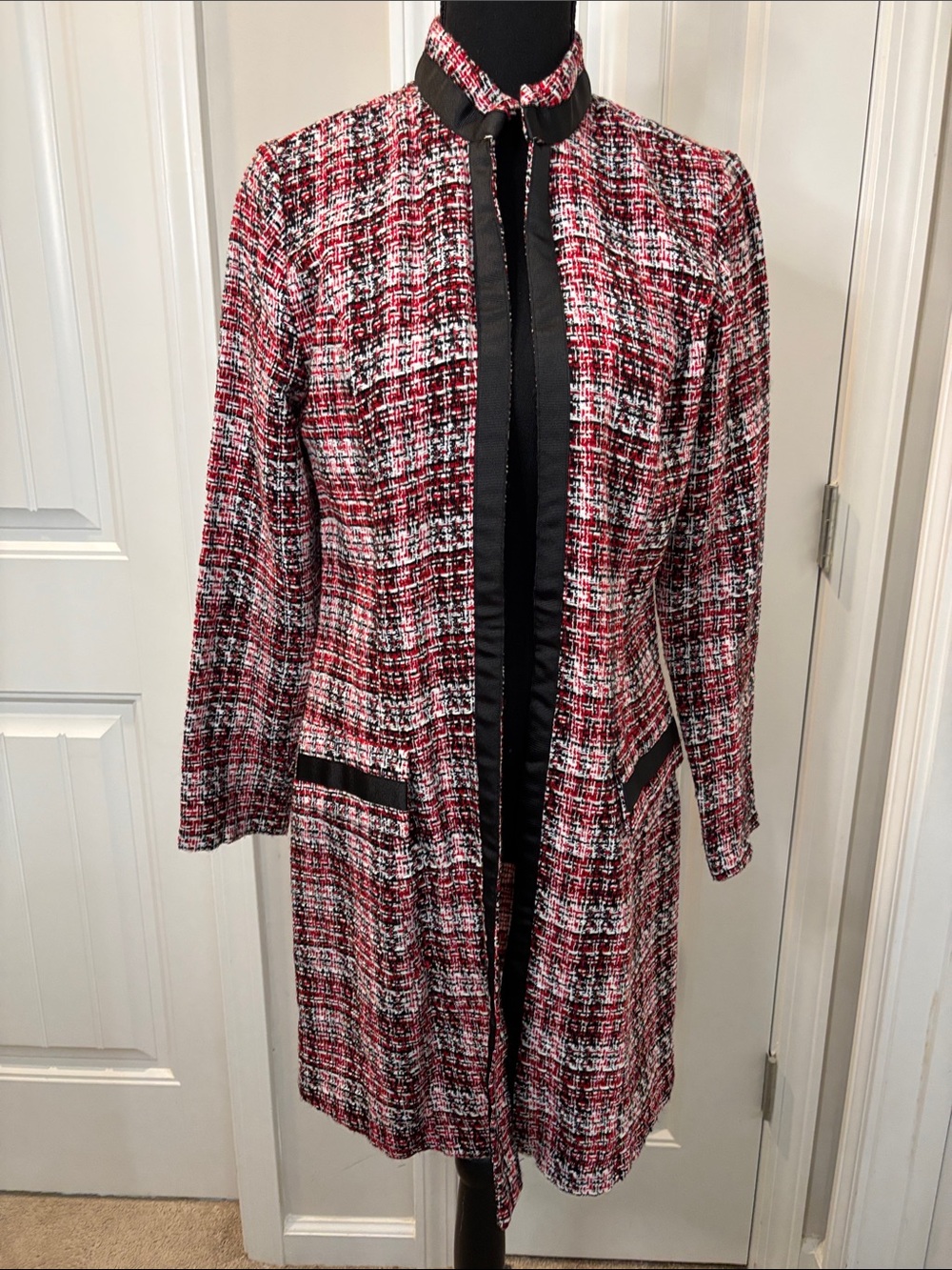 Frederick's of Hollywood Vintage Red, Black & White Tweed Long Blazer Size 10